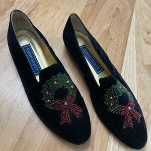 Karen Scott Black Velvet Flats with Beaded Wreath Details